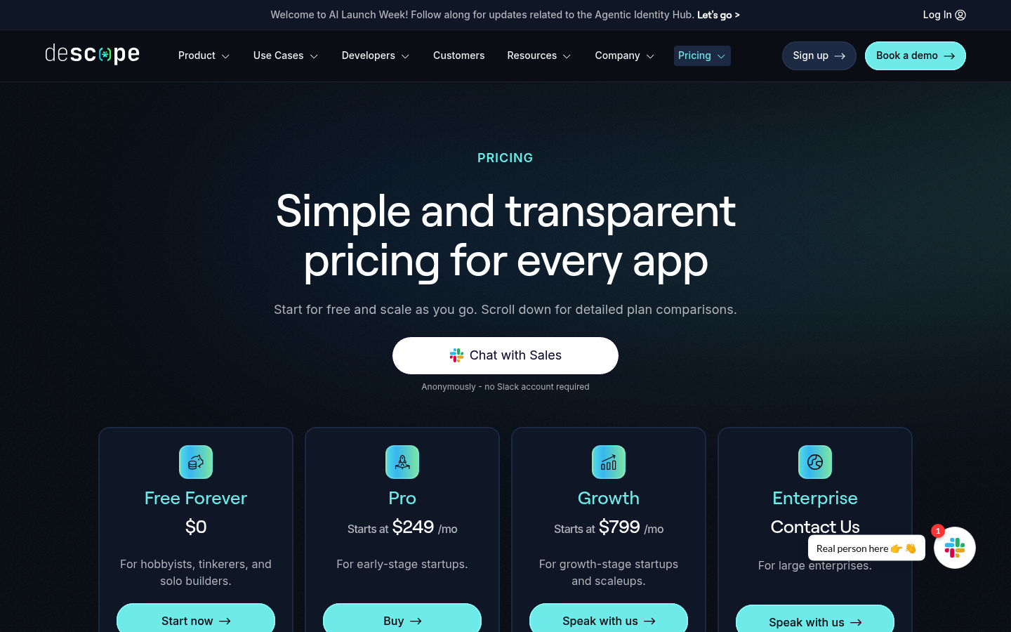 Screenshot of Descope's pricing page showing its plans and prices