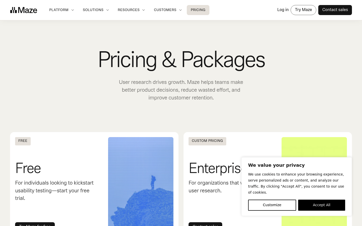 Screenshot of Maze's pricing page showing its plans and prices