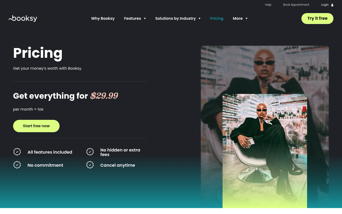 Screenshot of Booksy's pricing page showing its plans and prices