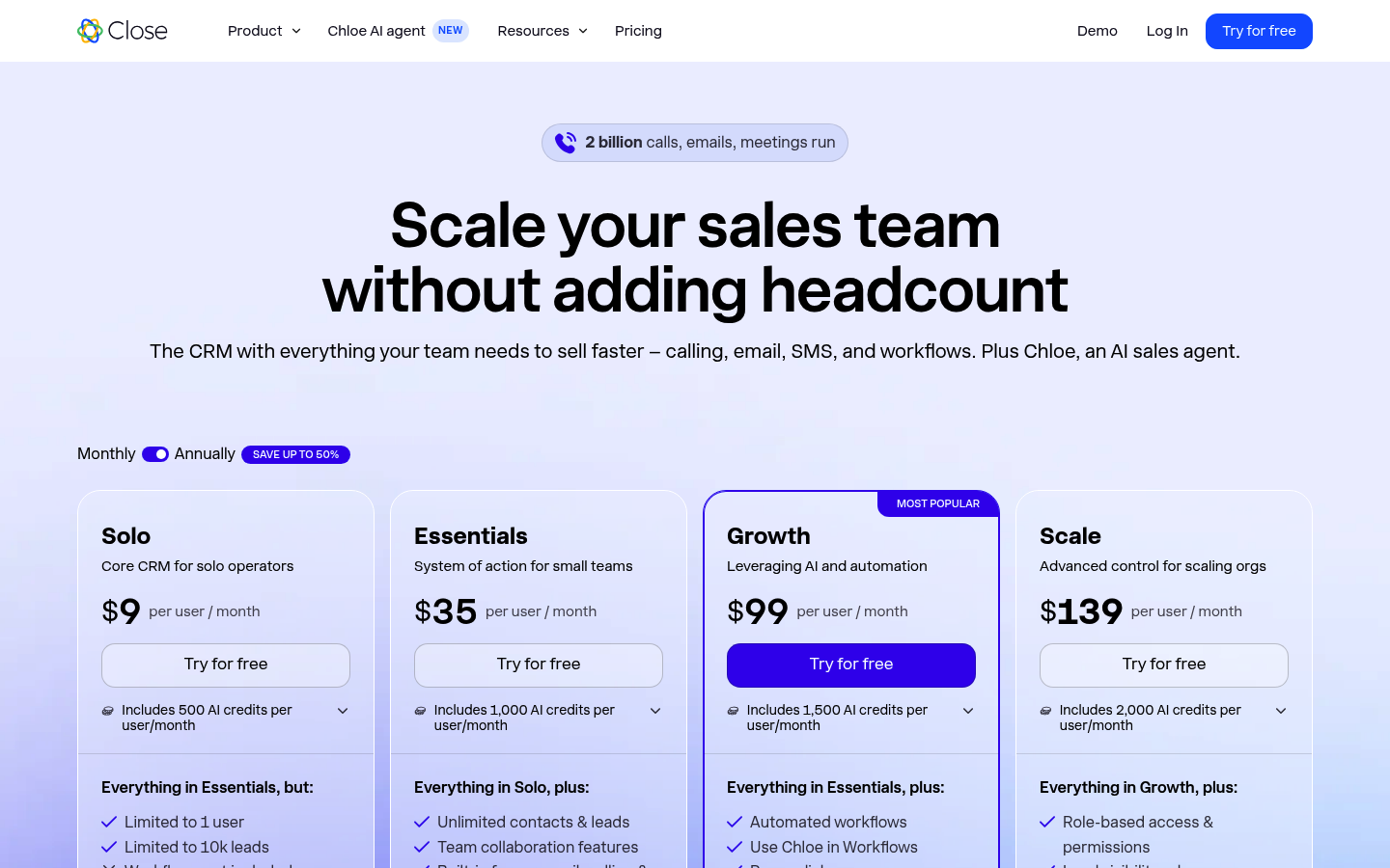 Screenshot of Close's pricing page showing its plans and prices