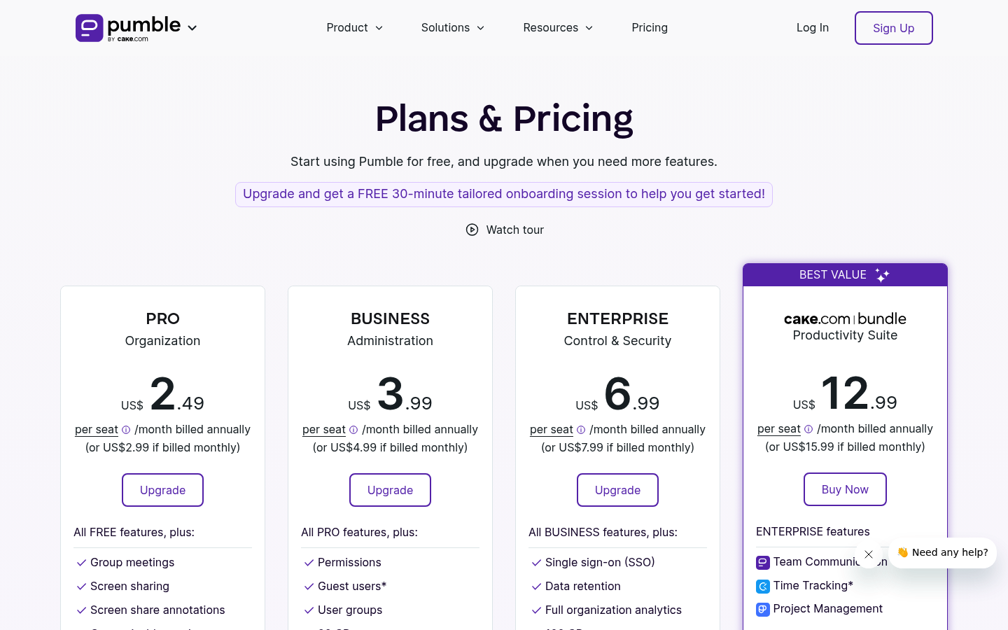 Screenshot of Pumble's pricing page showing its plans and prices
