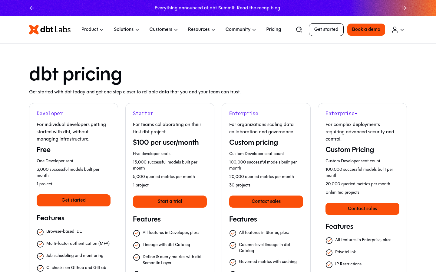 Screenshot of dbt Labs's pricing page showing its plans and prices