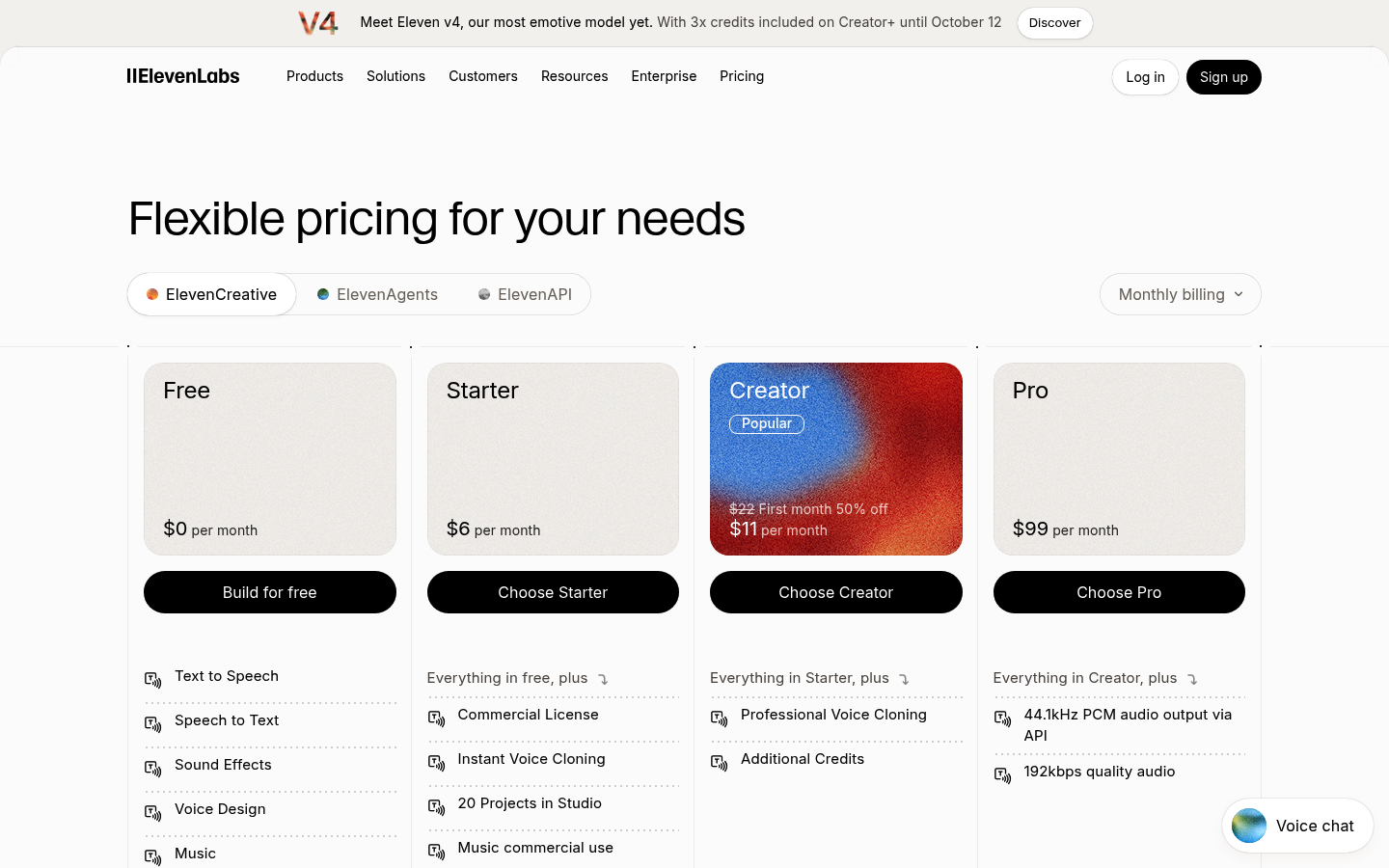 Screenshot of ElevenLabs's pricing page showing its plans and prices