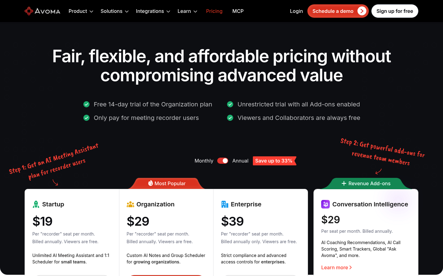 Screenshot of Avoma's pricing page showing its plans and prices