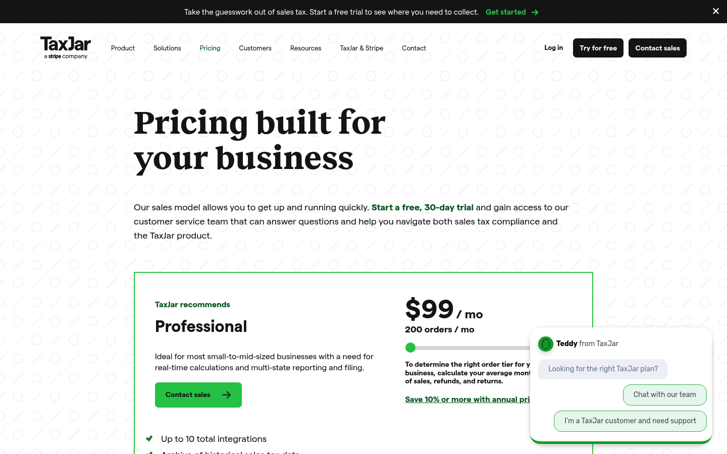 Screenshot of TaxJar's pricing page showing its plans and prices