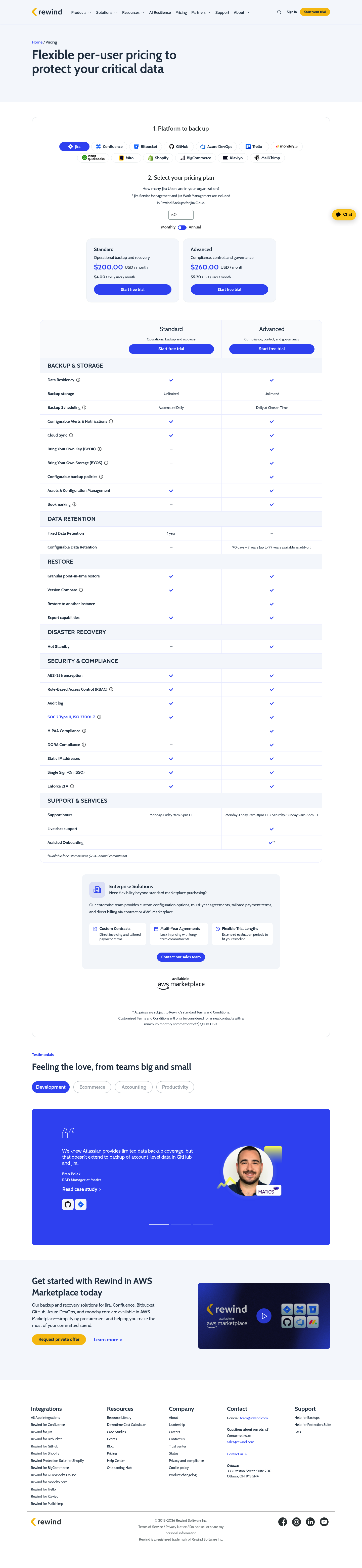 Screenshot of Rewind's pricing page showing its plans and prices