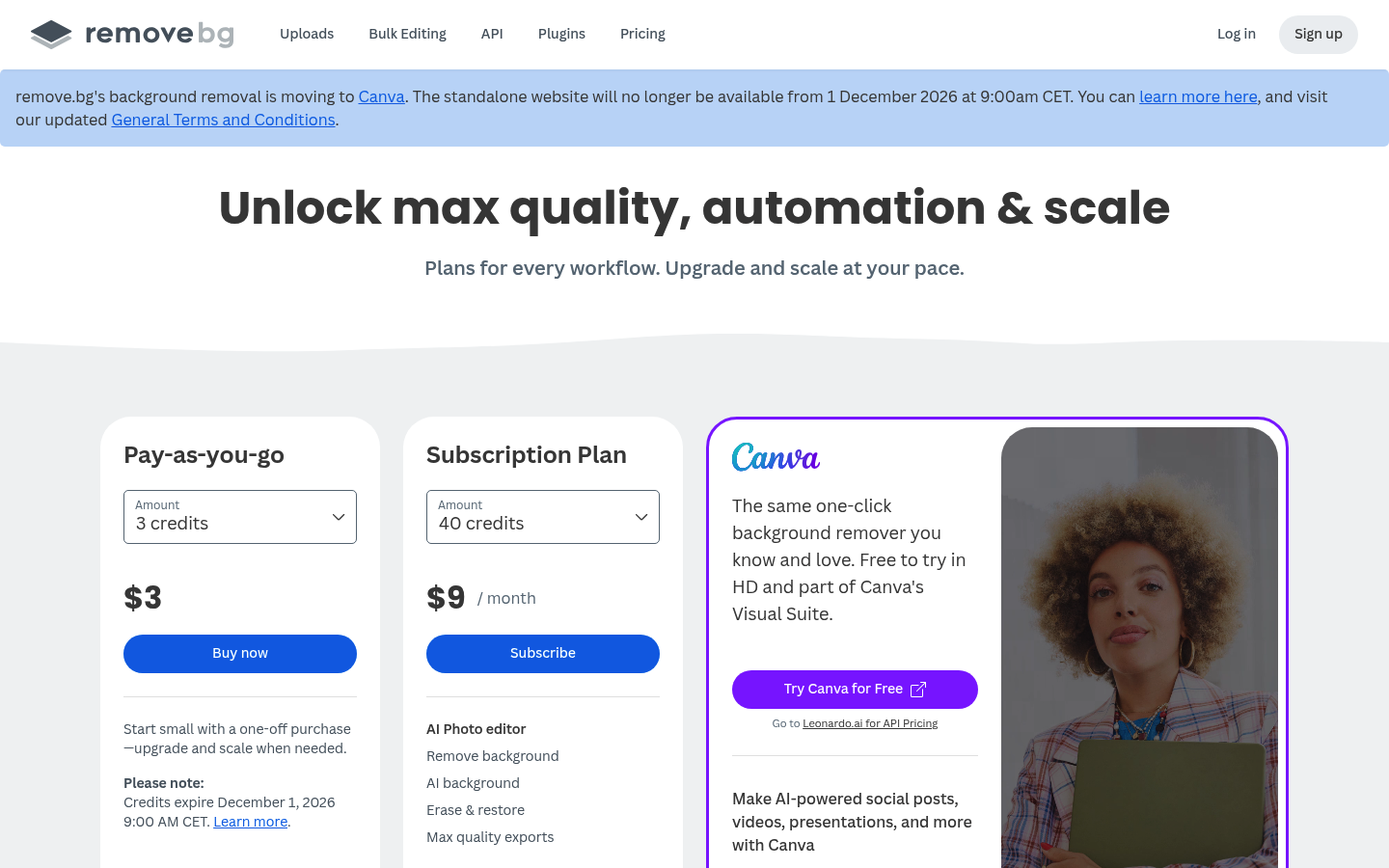 Screenshot of remove.bg's pricing page showing its plans and prices