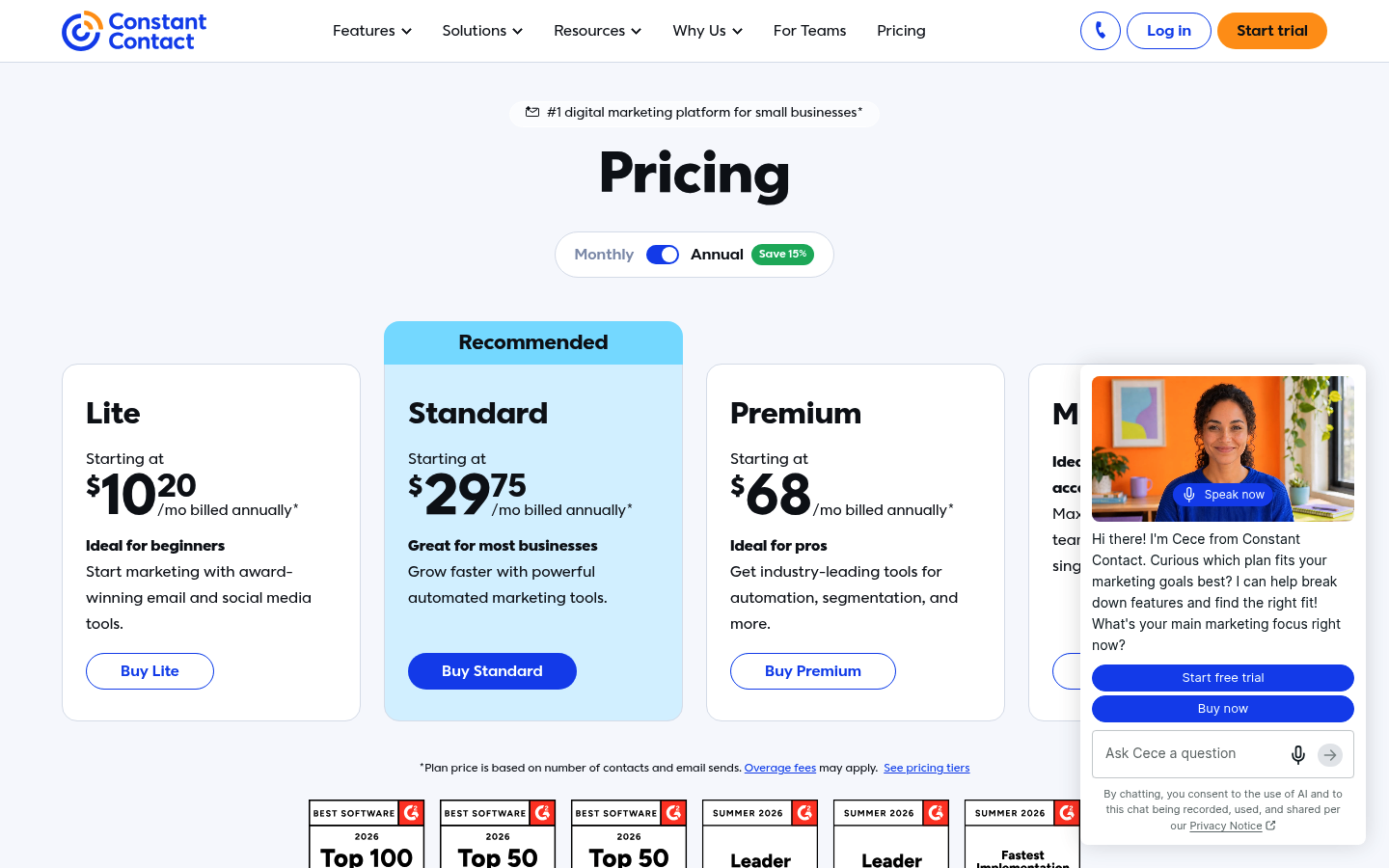 Screenshot of Constant Contact's pricing page showing its plans and prices