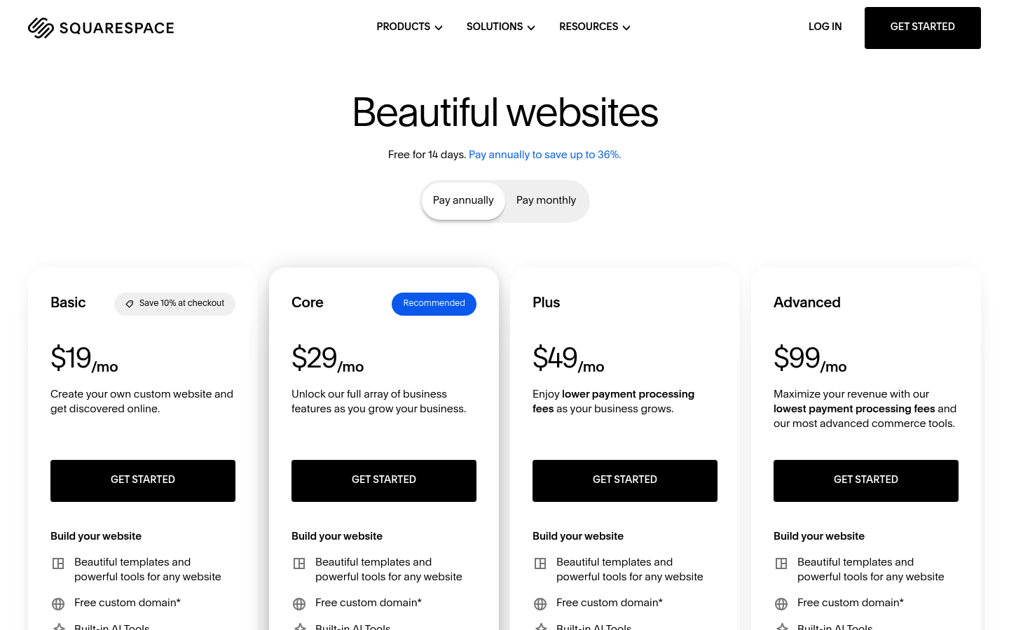 Screenshot of Squarespace's pricing page showing its plans and prices