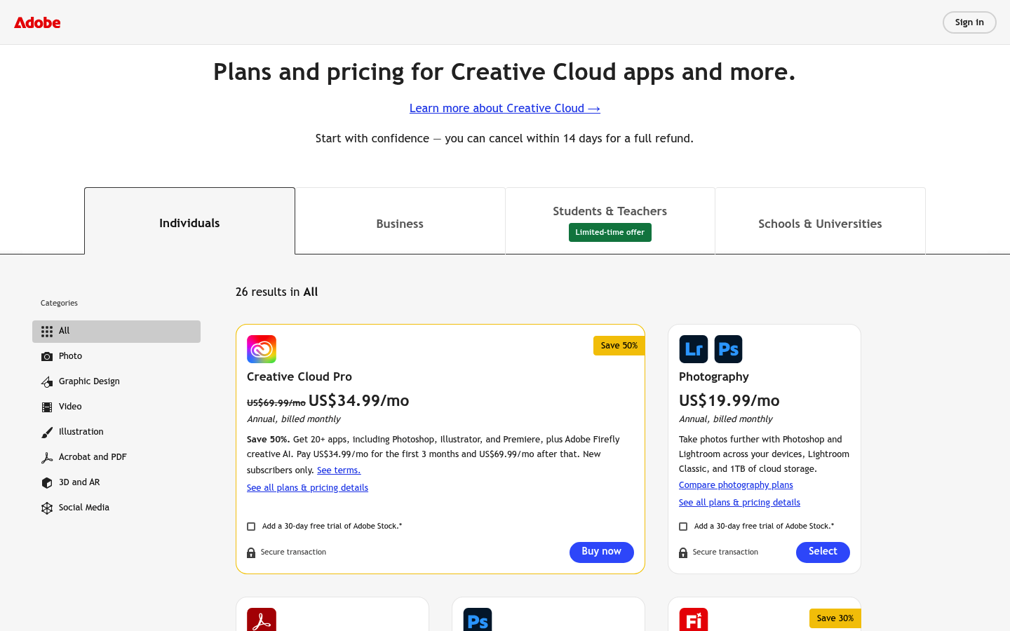 Screenshot of Adobe Creative Cloud's pricing page showing its plans and prices