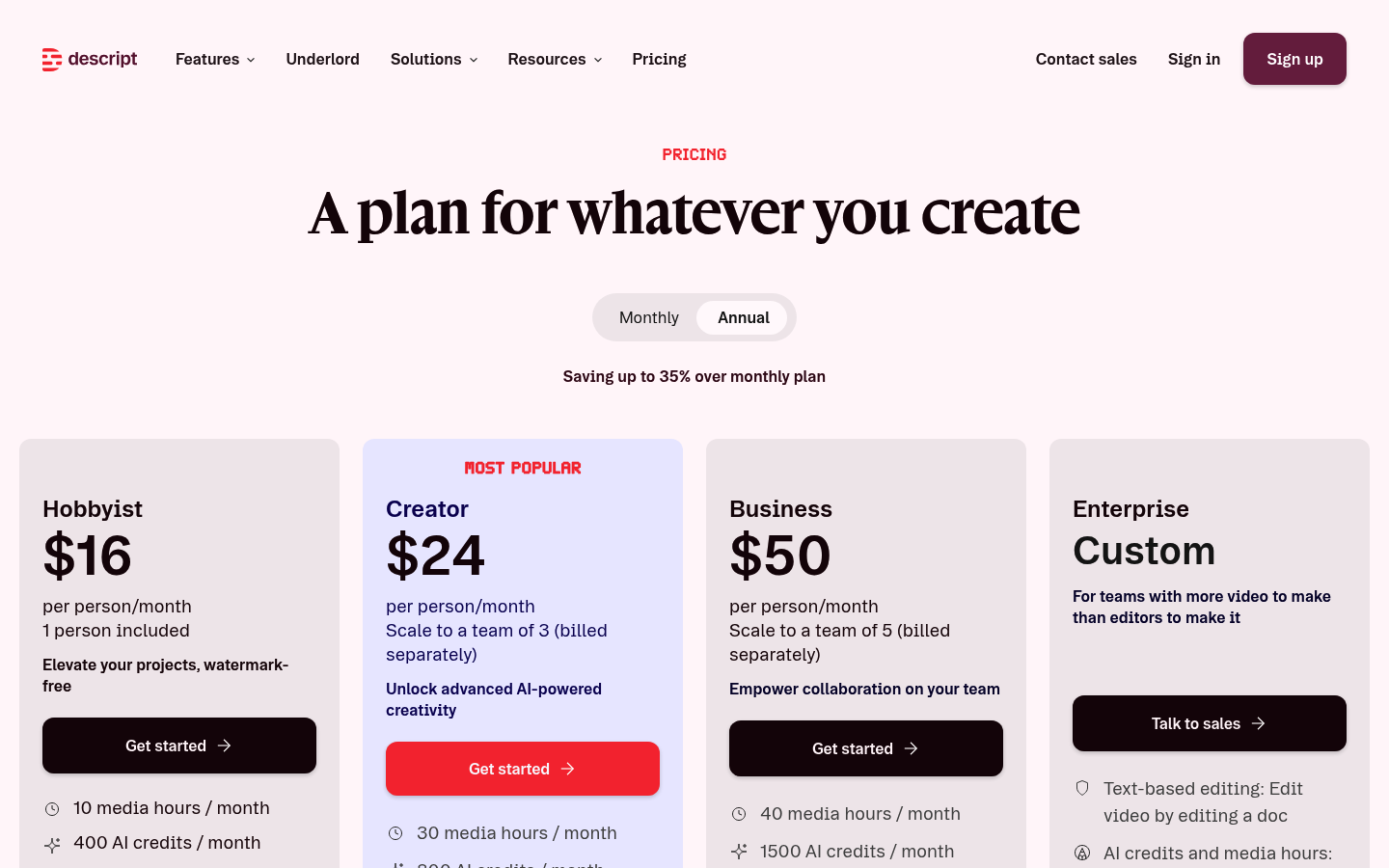 Screenshot of Descript's pricing page showing its plans and prices