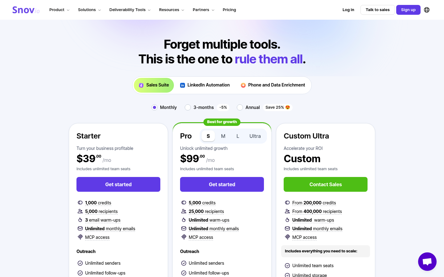 Screenshot of Snov.io's pricing page showing its plans and prices