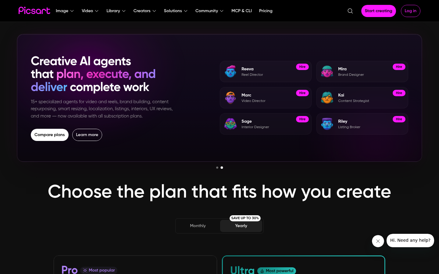 Screenshot of Picsart's pricing page showing its plans and prices
