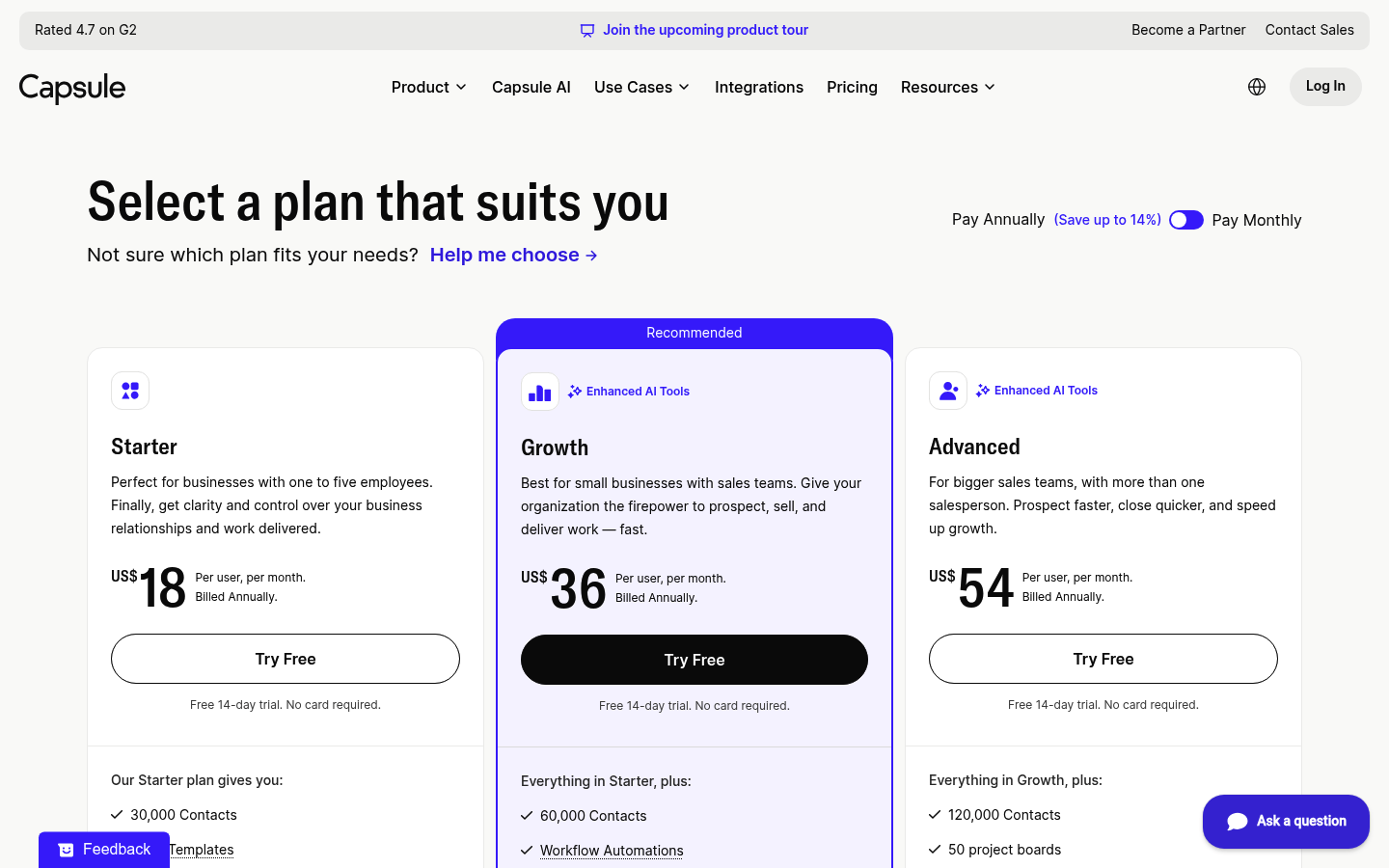 Screenshot of Capsule's pricing page showing its plans and prices