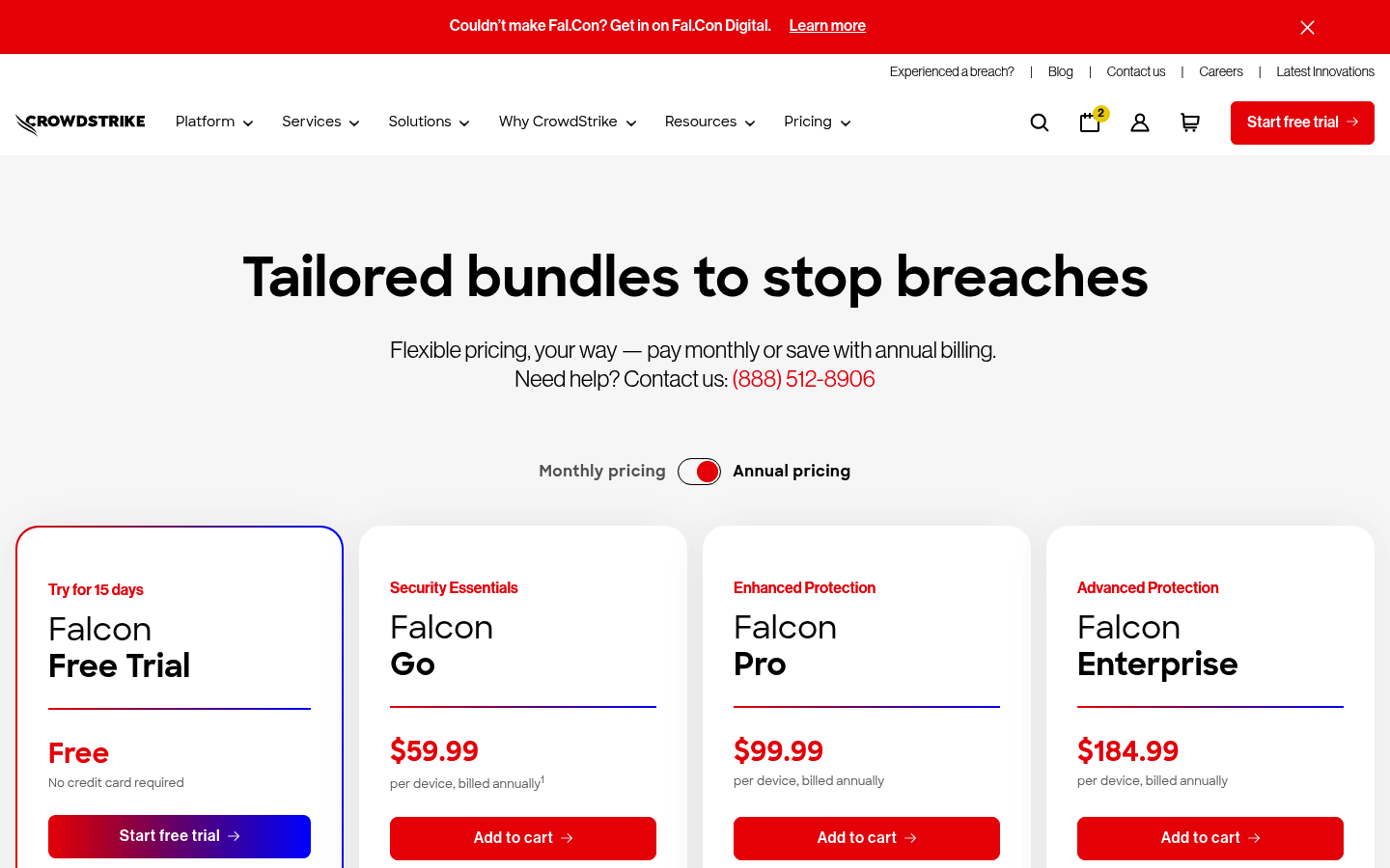 Screenshot of CrowdStrike's pricing page showing its plans and prices