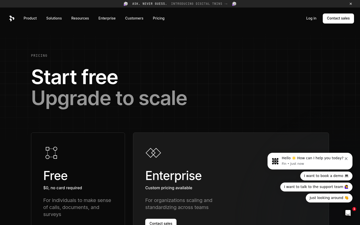 Screenshot of Dovetail's pricing page showing its plans and prices