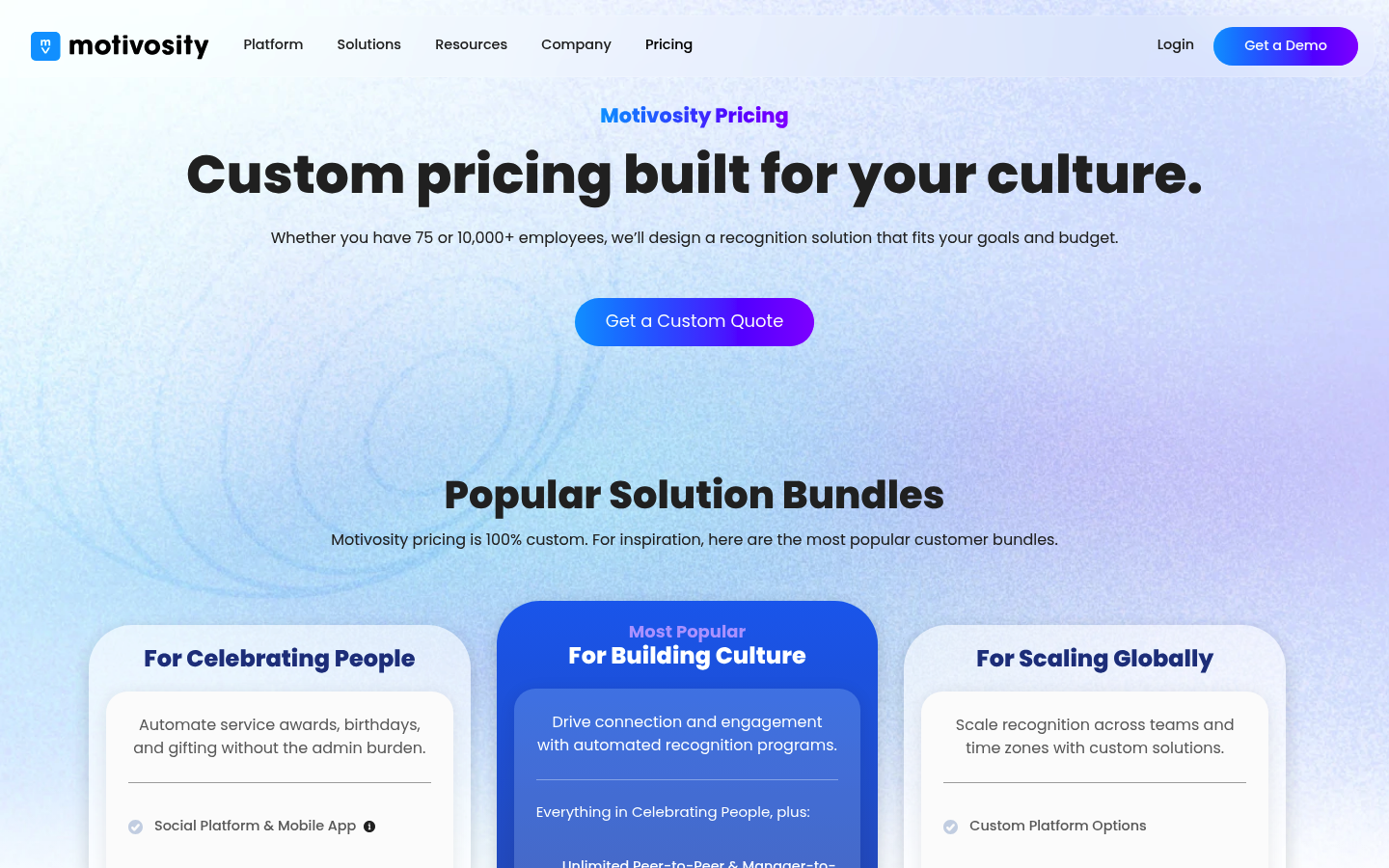 Screenshot of Motivosity's pricing page showing its plans and prices