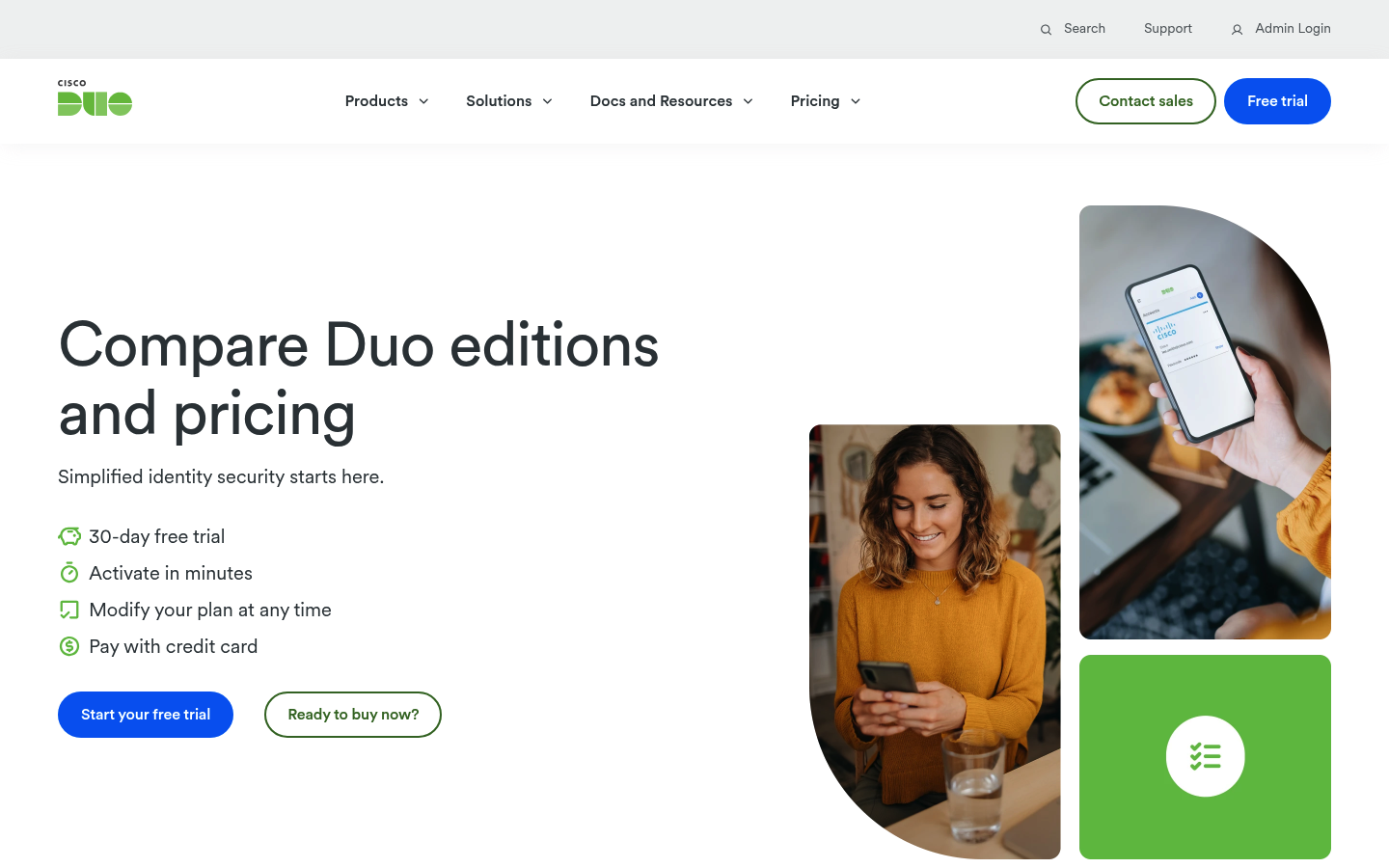 Screenshot of Duo Security's pricing page showing its plans and prices