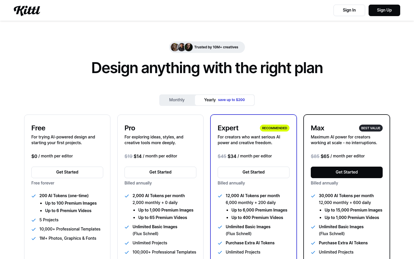 Screenshot of Kittl's pricing page showing its plans and prices