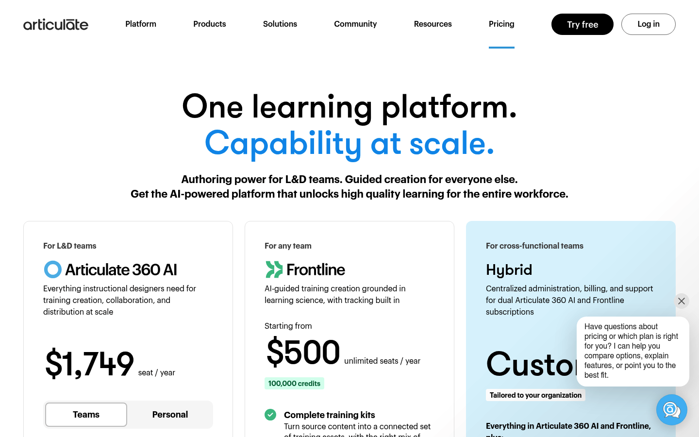 Screenshot of Articulate 360's pricing page showing its plans and prices