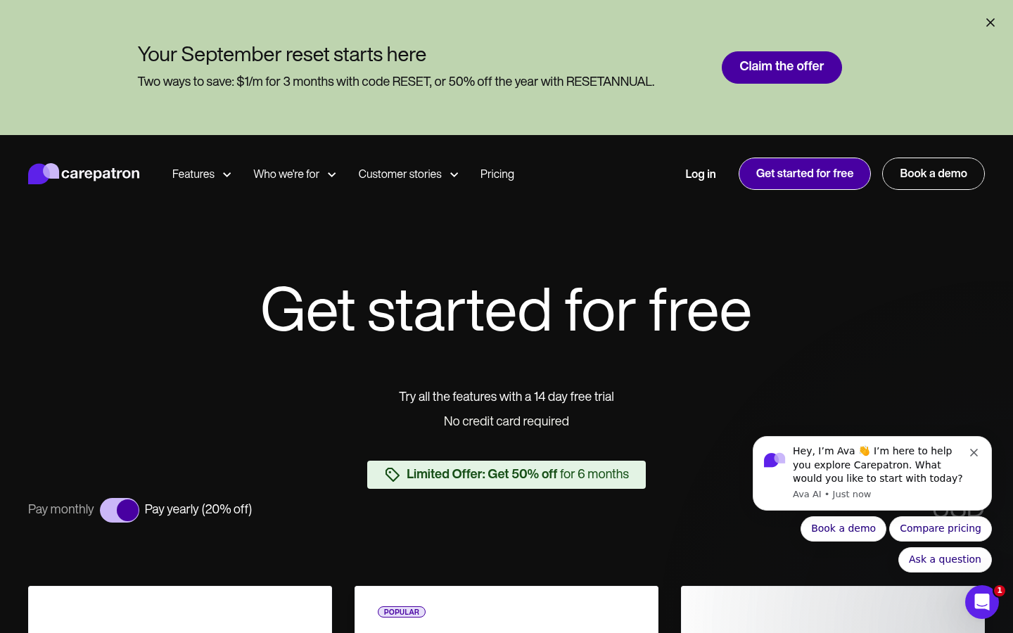 Screenshot of Carepatron's pricing page showing its plans and prices