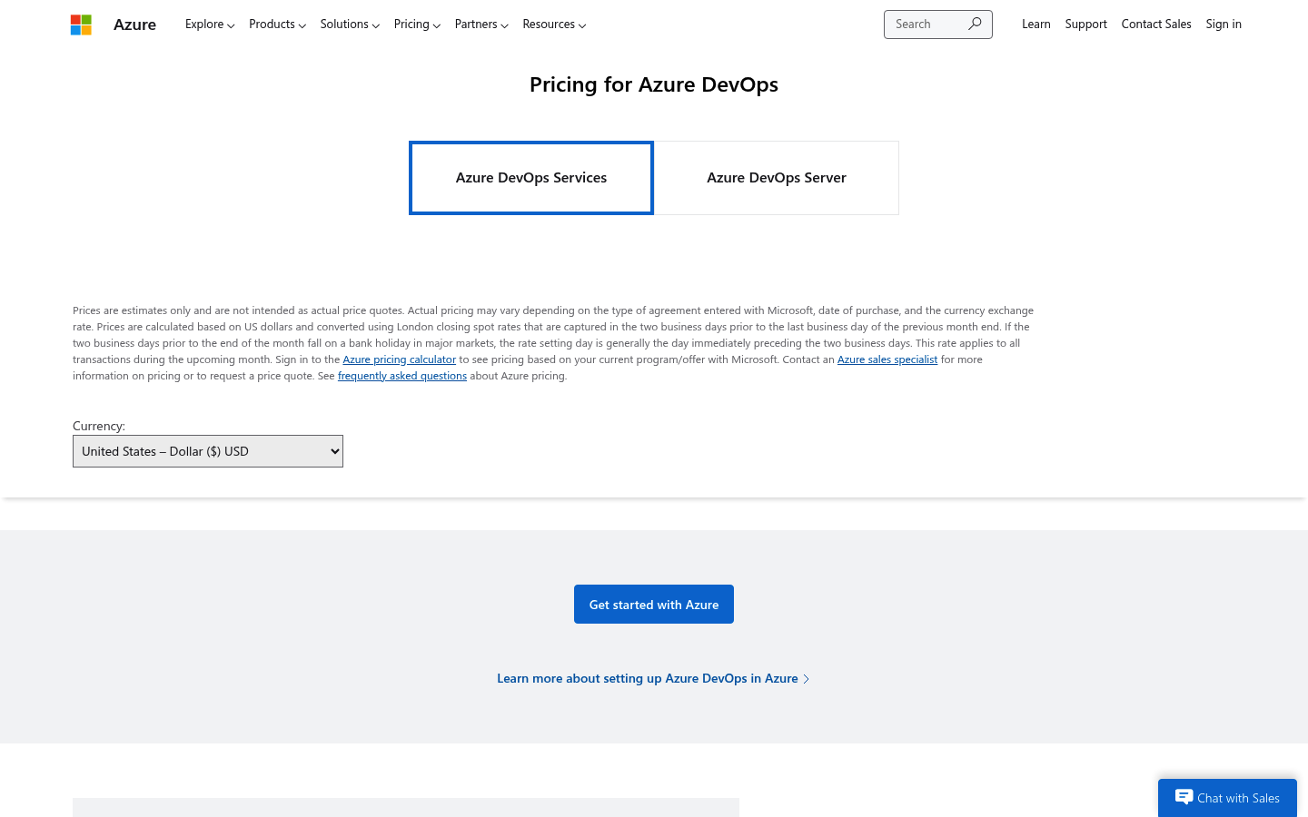 Screenshot of Azure DevOps's pricing page showing its plans and prices