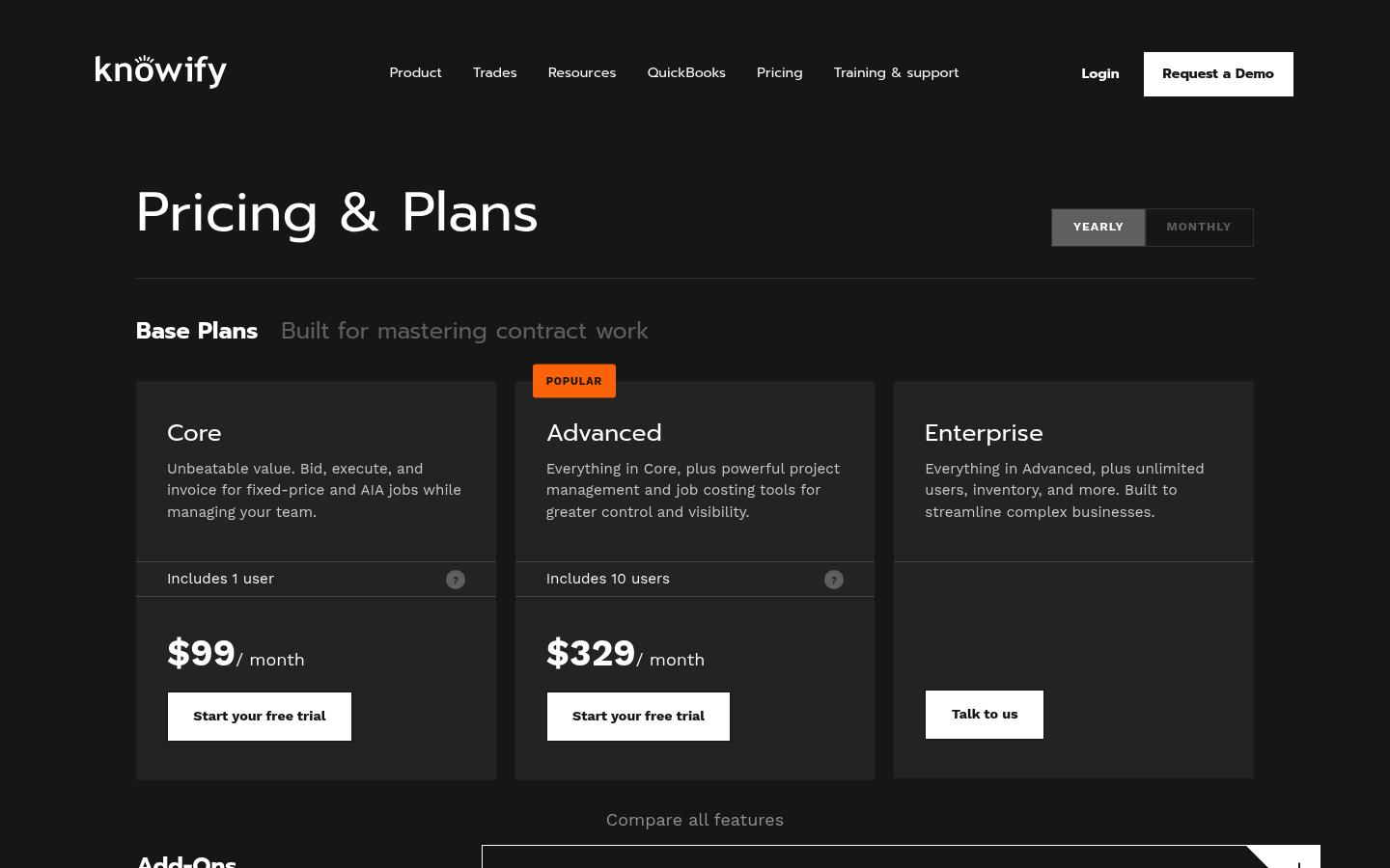 Screenshot of Knowify's pricing page showing its plans and prices