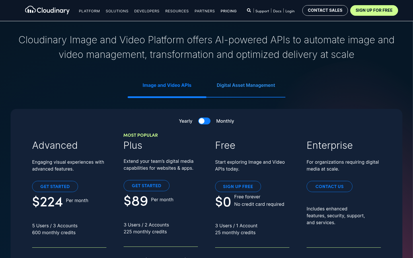 Screenshot of Cloudinary's pricing page showing its plans and prices