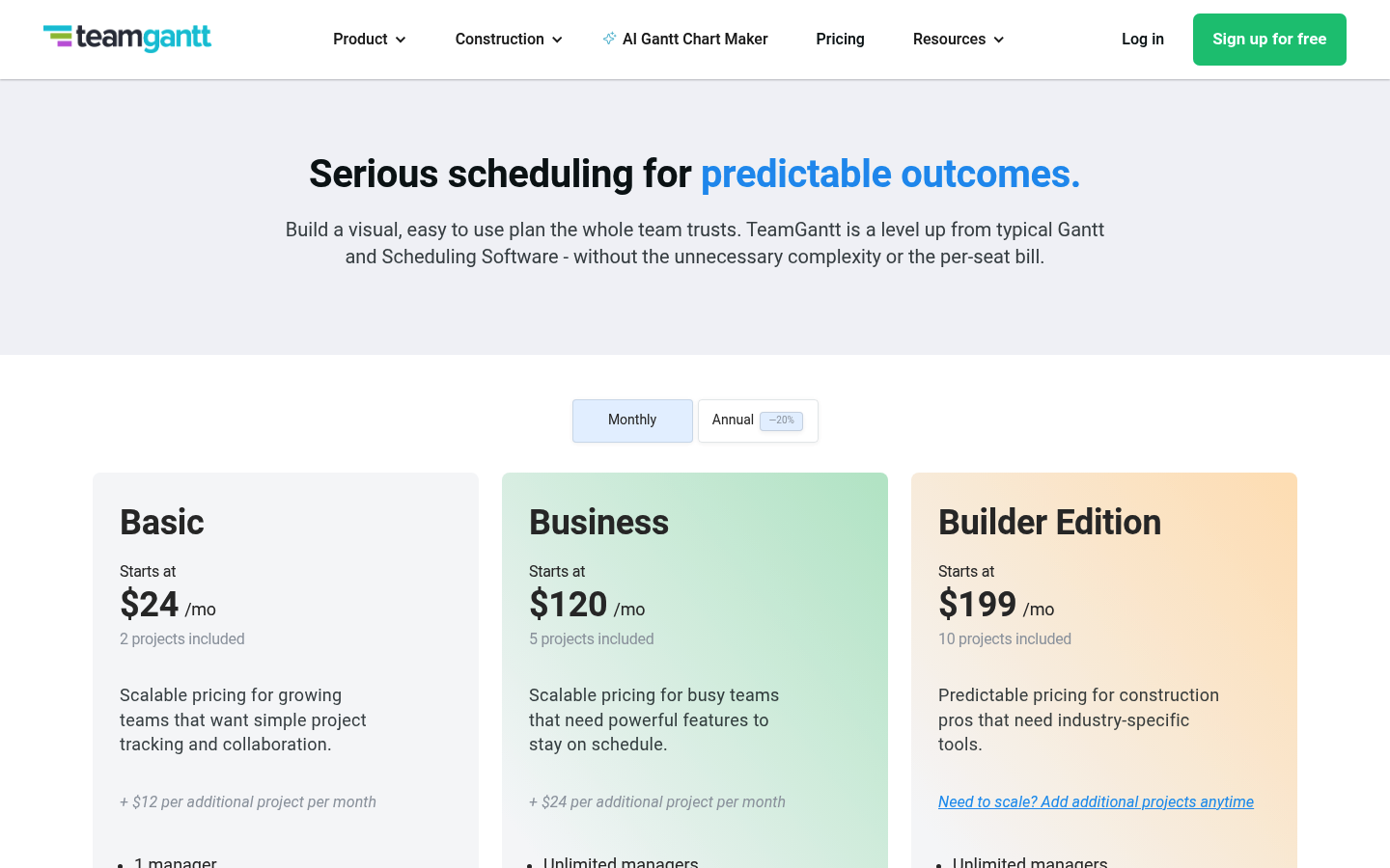 Screenshot of TeamGantt's pricing page showing its plans and prices