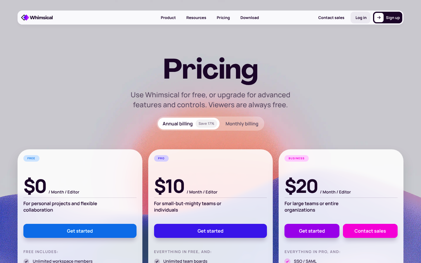 Screenshot of Whimsical's pricing page showing its plans and prices