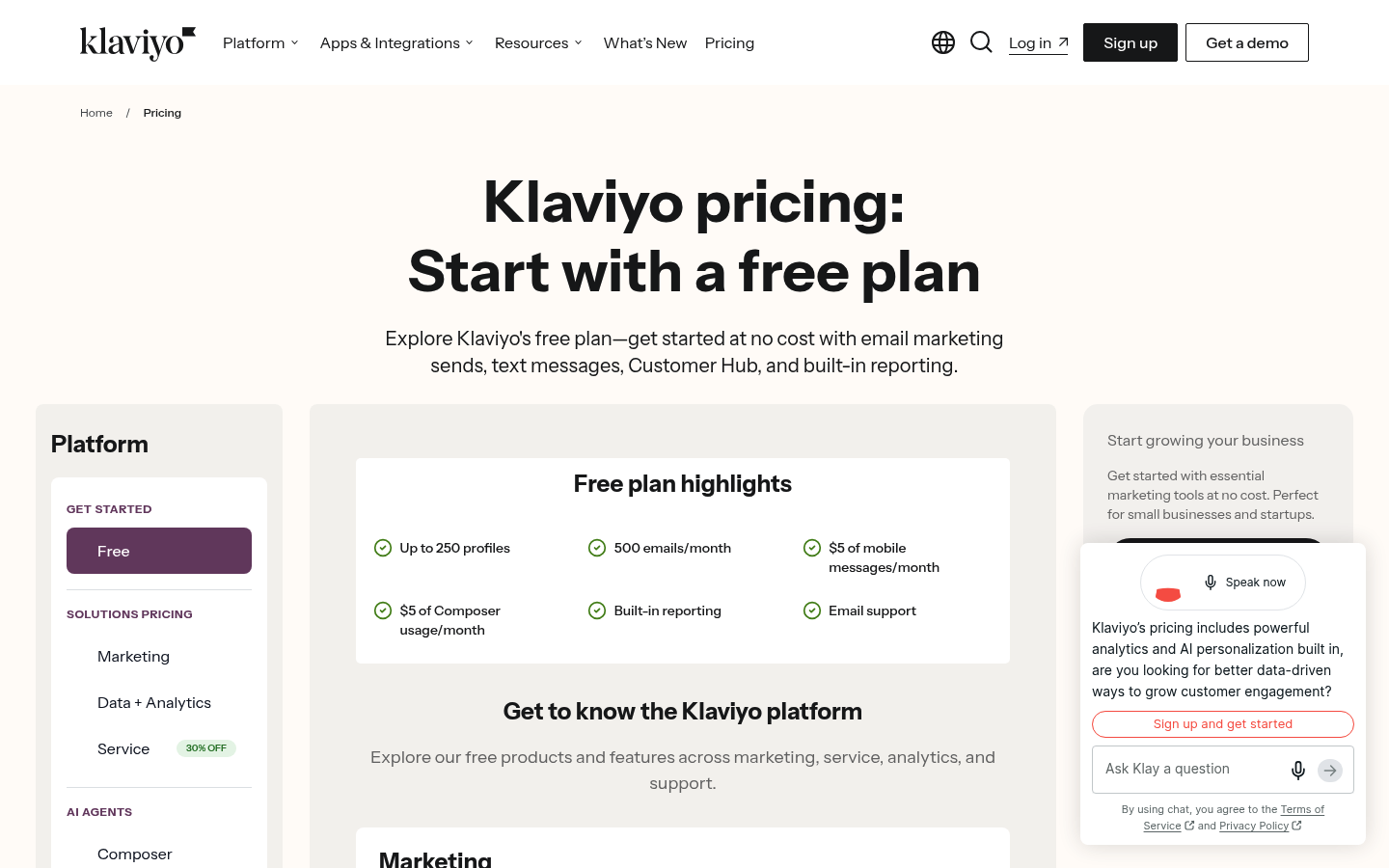 Screenshot of Klaviyo's pricing page showing its plans and prices