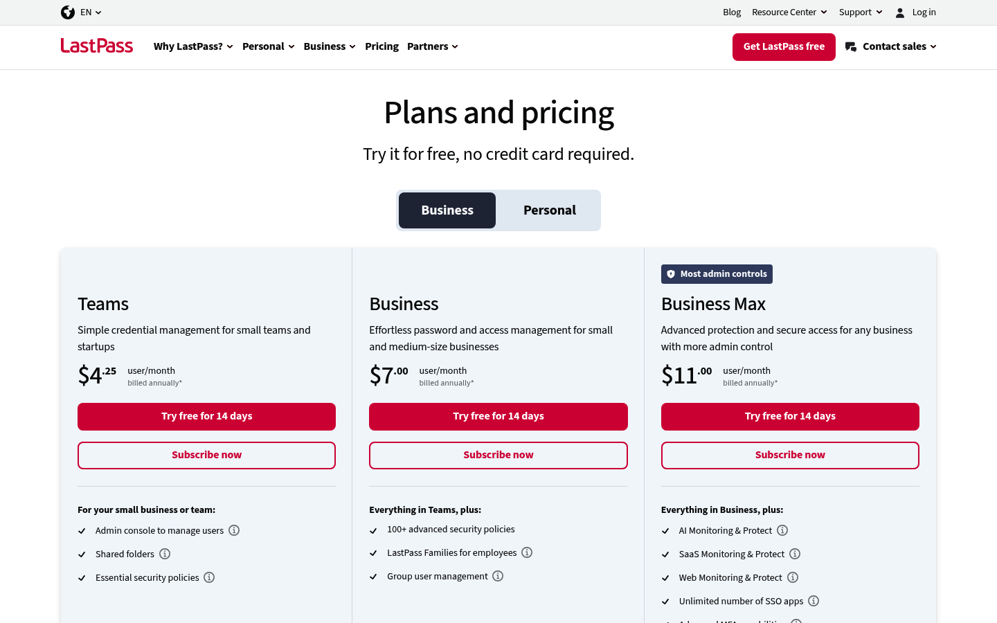 Screenshot of LastPass's pricing page showing its plans and prices