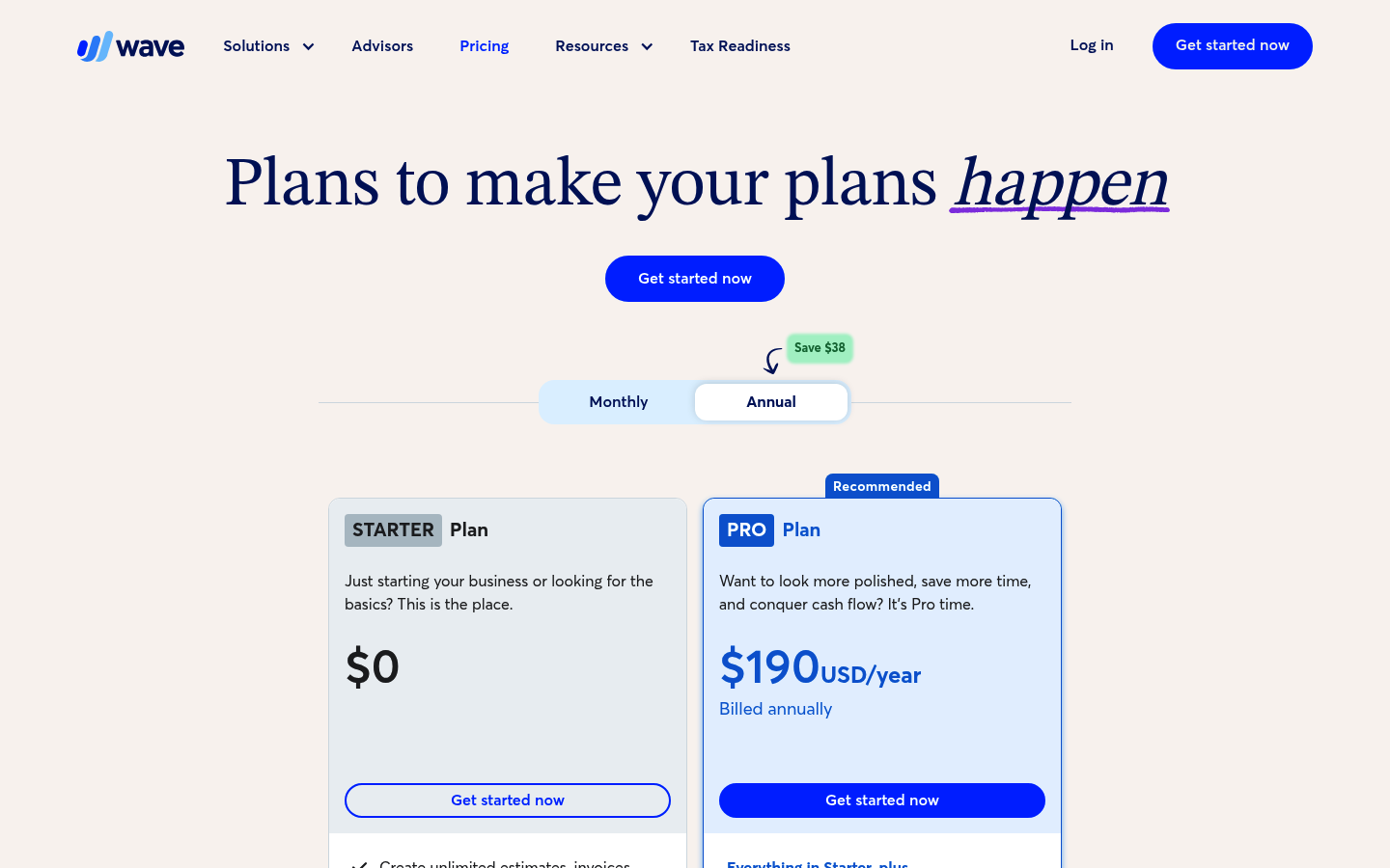 Screenshot of Wave's pricing page showing its plans and prices