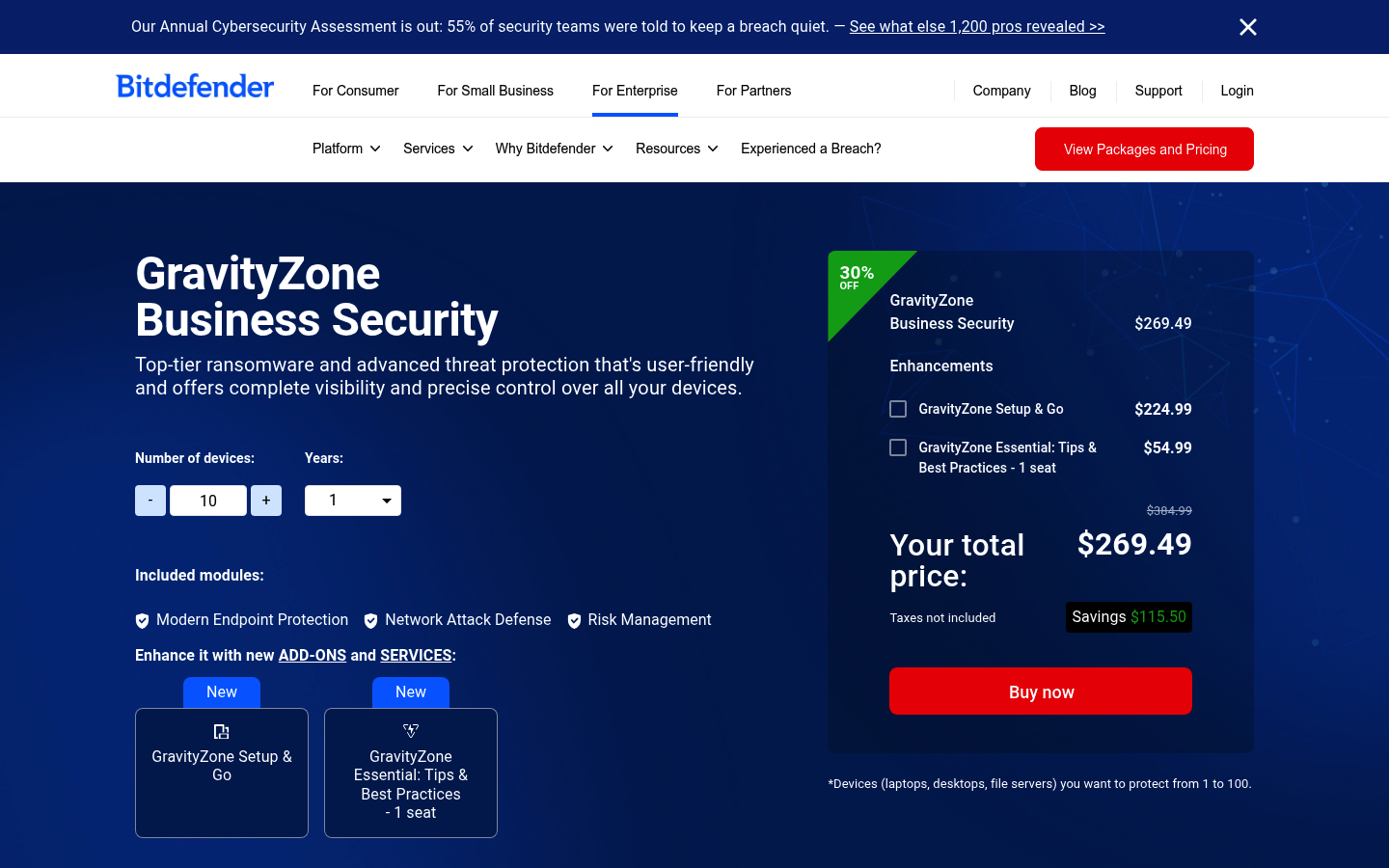 Screenshot of Bitdefender GravityZone's pricing page showing its plans and prices
