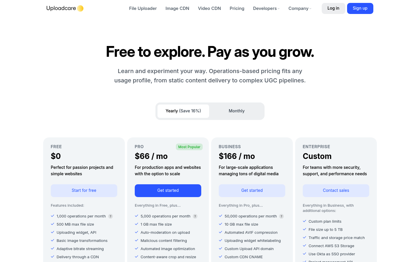 Screenshot of Uploadcare's pricing page showing its plans and prices
