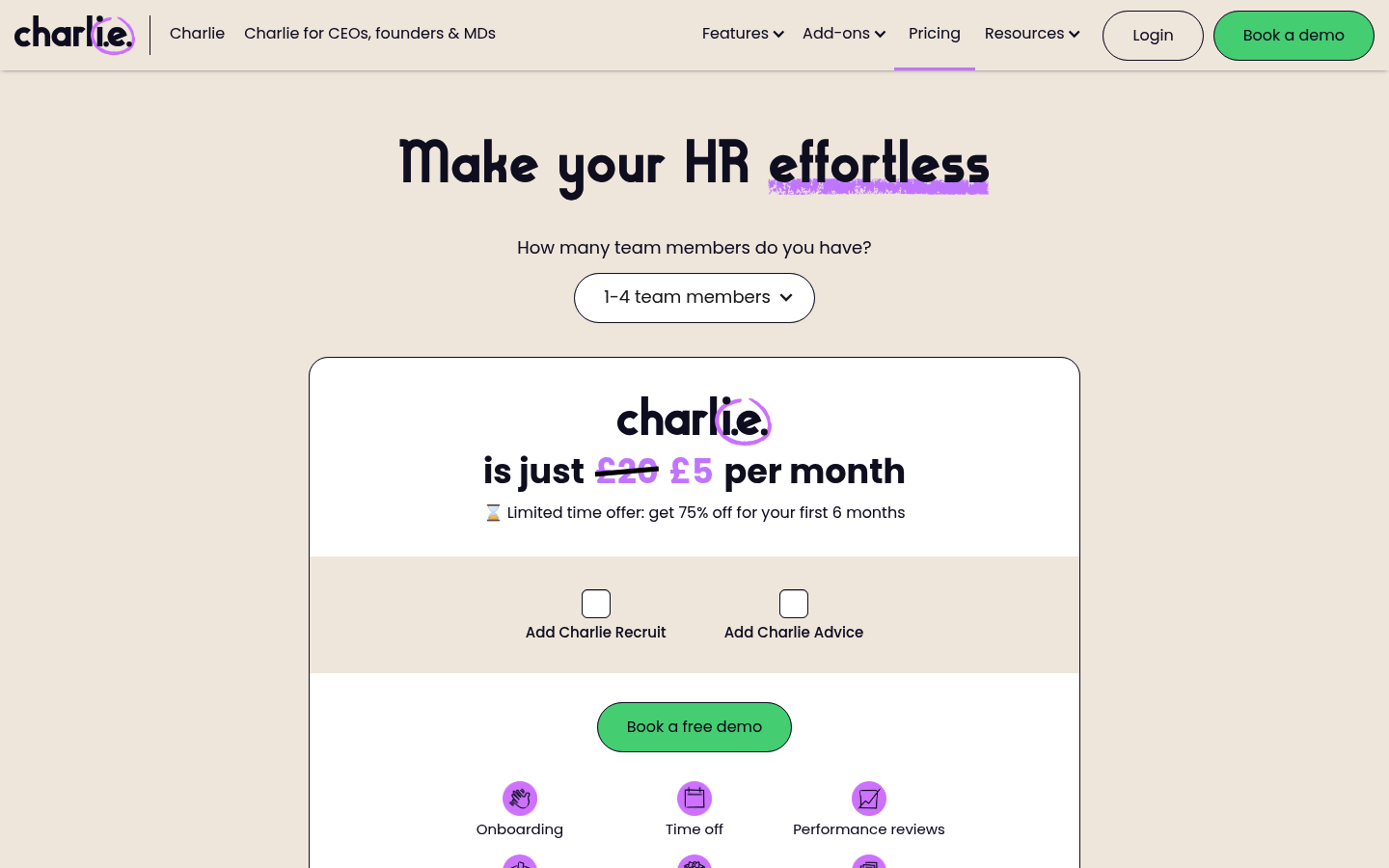 Screenshot of CharlieHR's pricing page showing its plans and prices