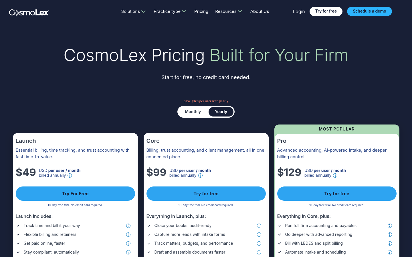 Screenshot of CosmoLex's pricing page showing its plans and prices