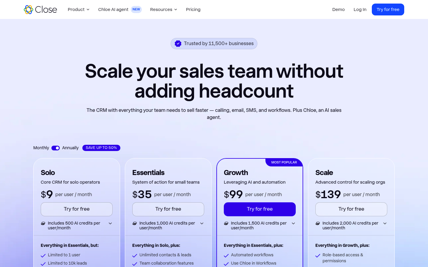 Screenshot of Close's pricing page showing its plans and prices