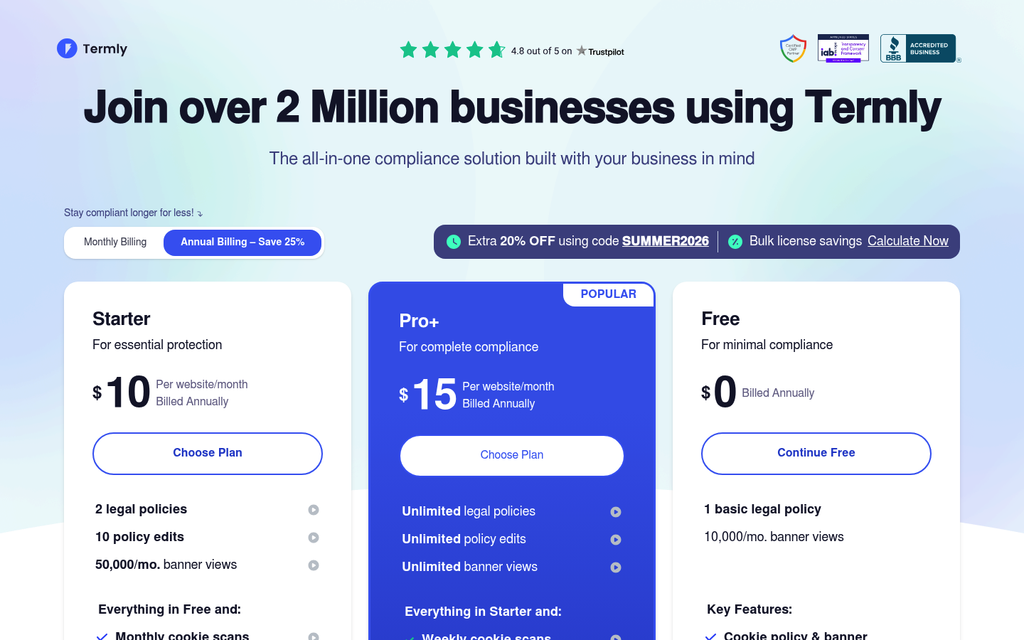Screenshot of Termly's pricing page showing its plans and prices