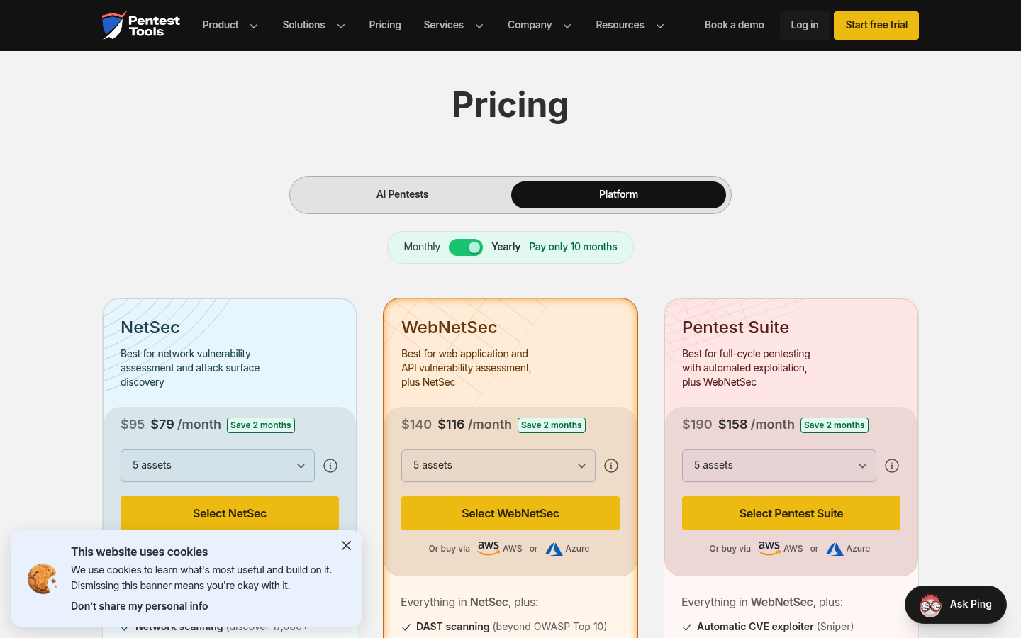 Screenshot of Pentest-Tools.com's pricing page showing its plans and prices