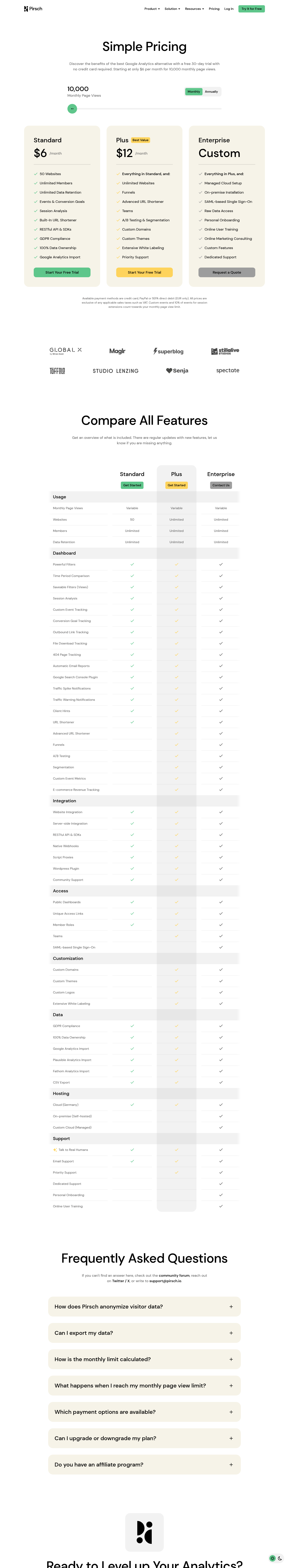 Screenshot of Pirsch's pricing page showing its plans and prices
