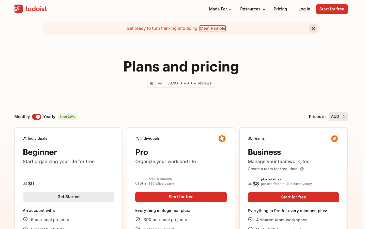 Screenshot of Todoist's pricing page showing its plans and prices