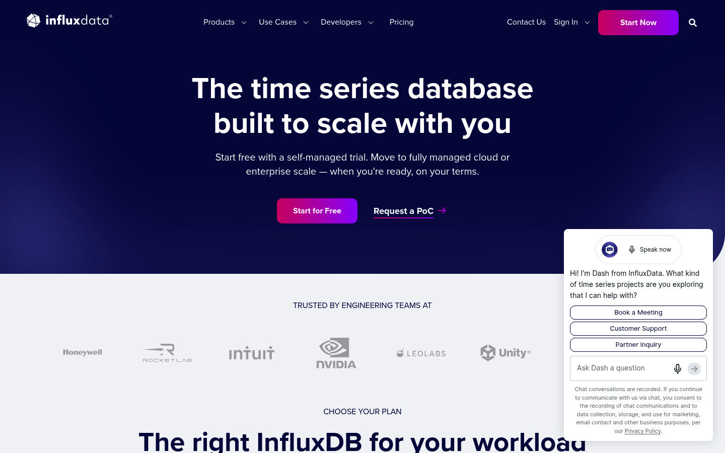 Screenshot of InfluxDB's pricing page showing its plans and prices