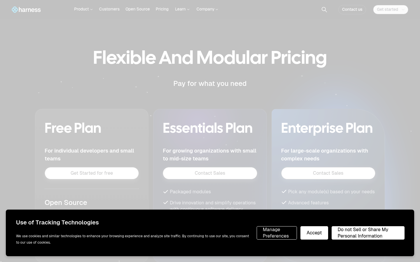 Screenshot of Harness's pricing page showing its plans and prices