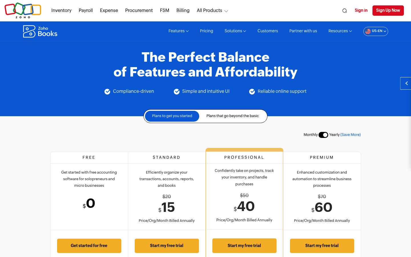 Screenshot of Zoho Books's pricing page showing its plans and prices