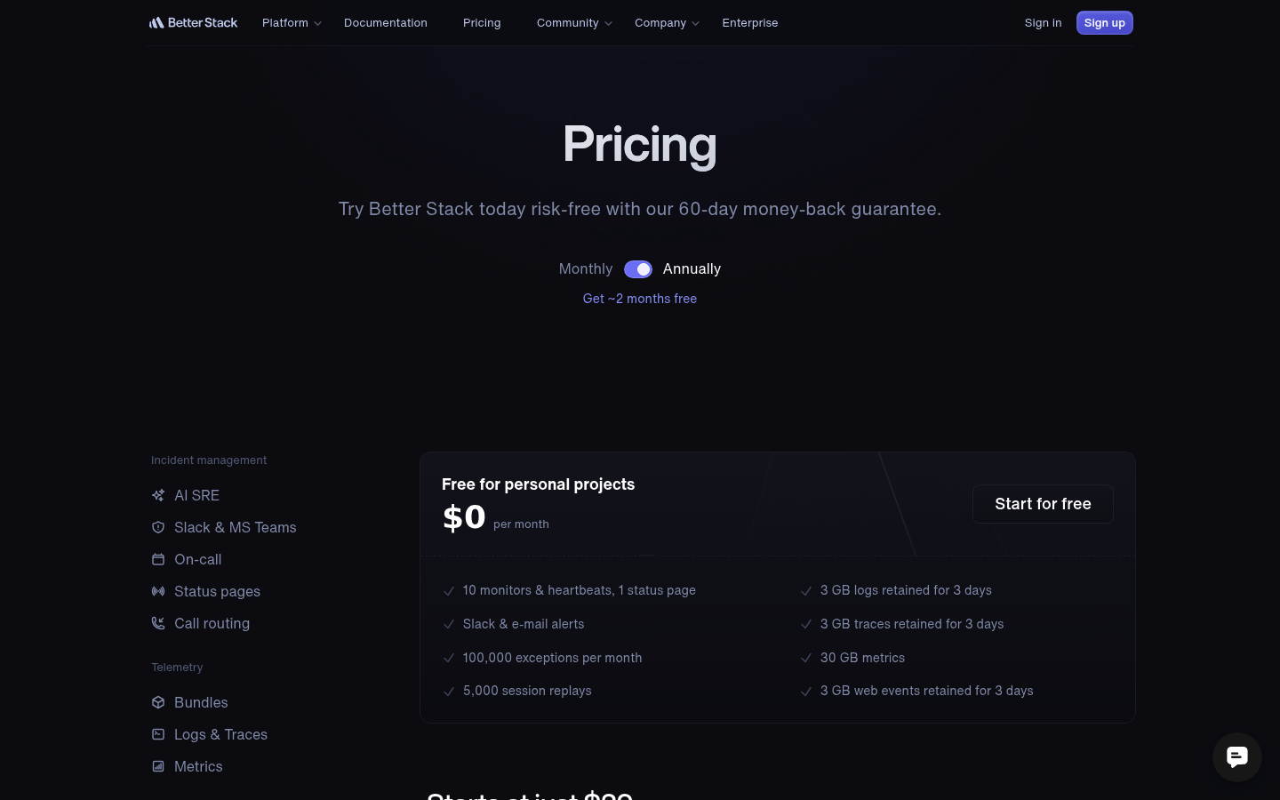 Screenshot of Better Stack's pricing page showing its plans and prices