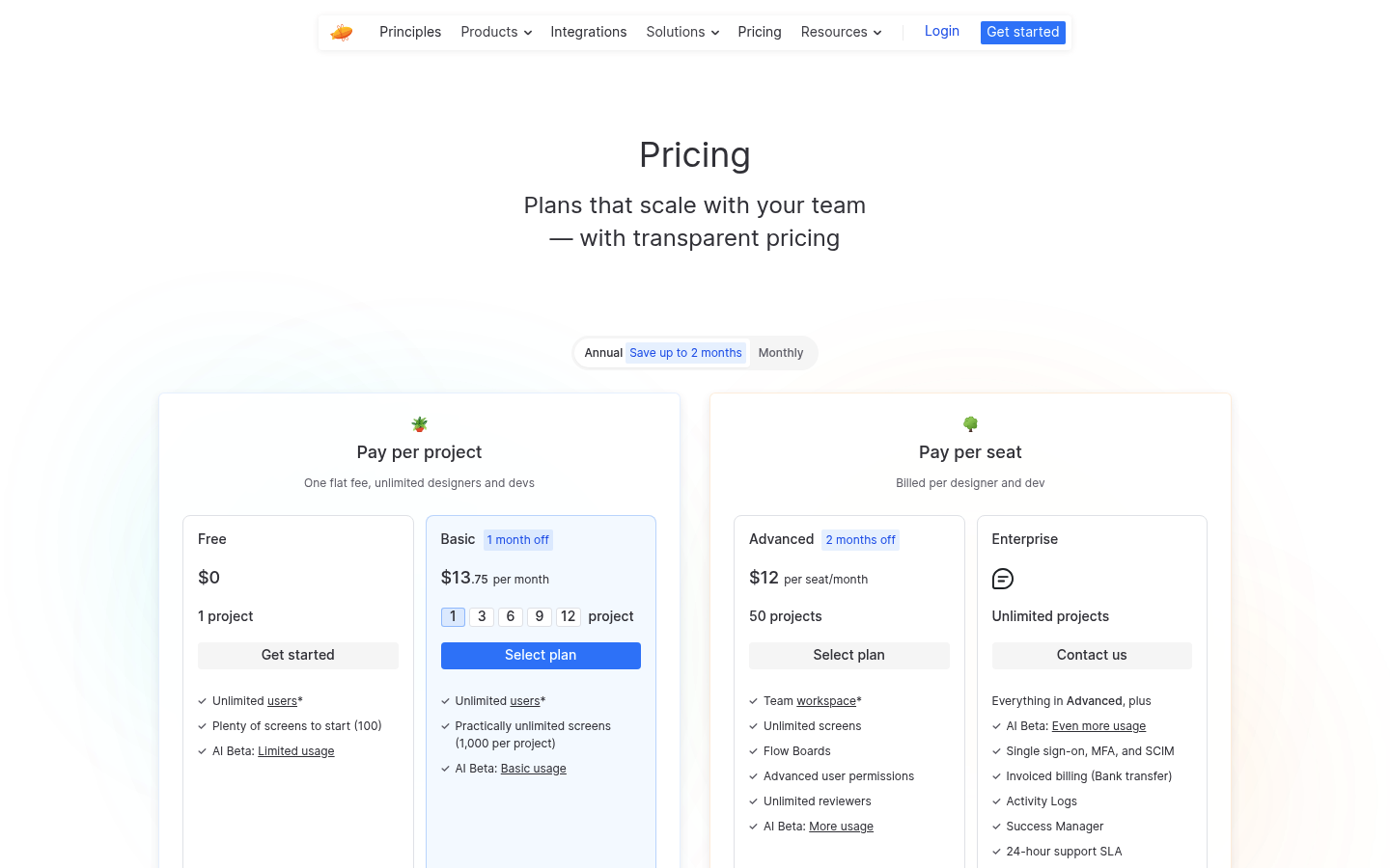 Screenshot of Zeplin's pricing page showing its plans and prices
