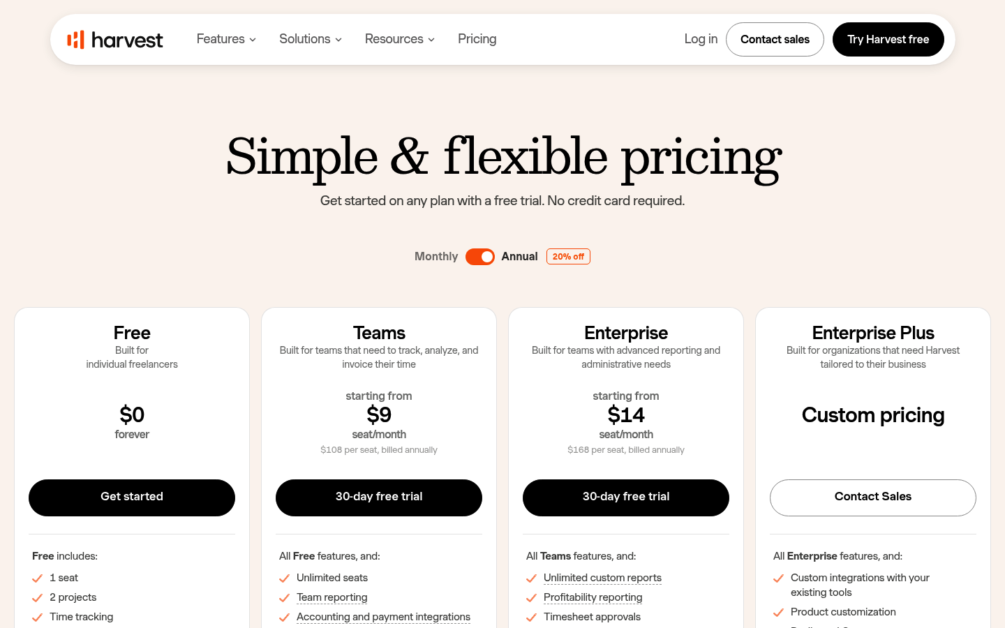 Screenshot of Harvest's pricing page showing its plans and prices