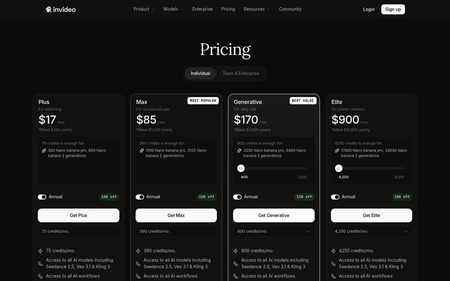 Screenshot of InVideo's pricing page showing its plans and prices