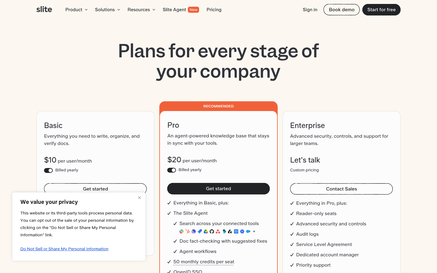 Screenshot of Slite's pricing page showing its plans and prices